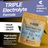 Reset & Rise electrolytes packaging with text highlighting features on a colorful background