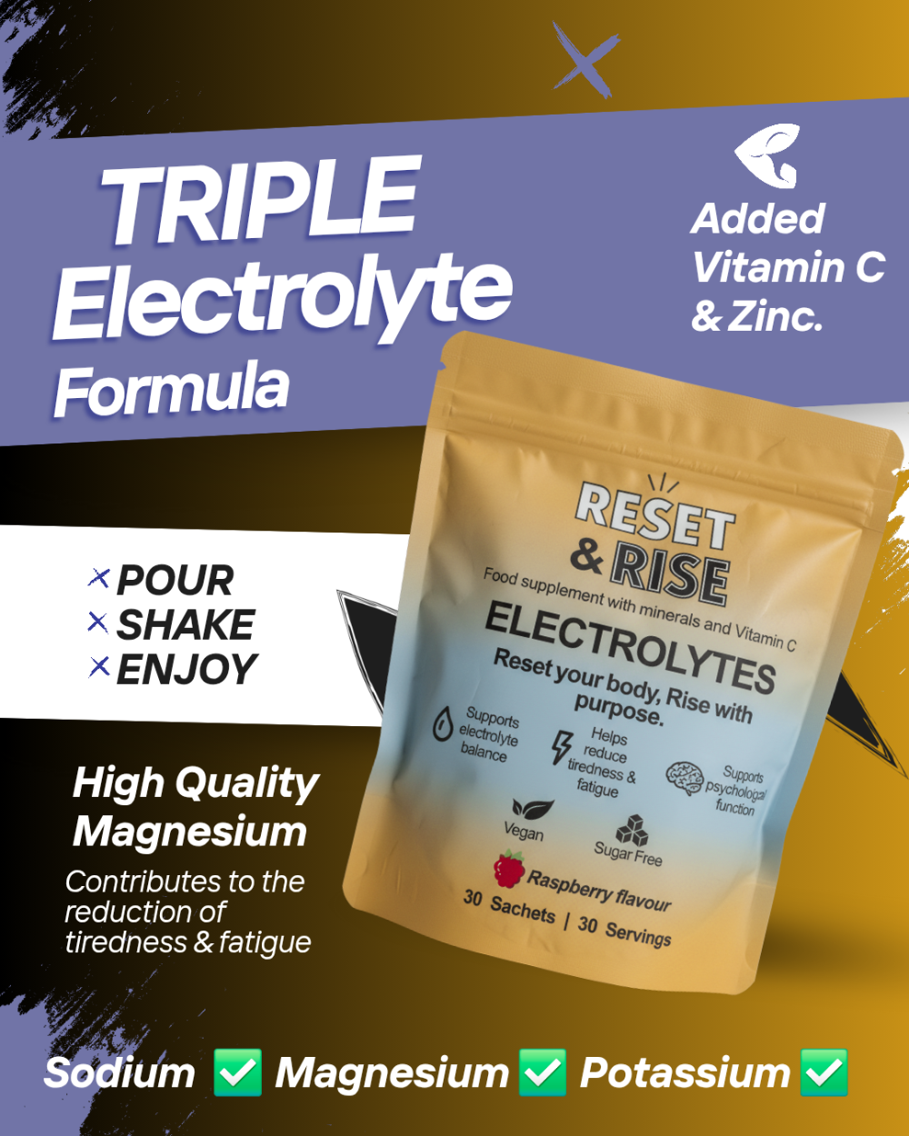 Reset & Rise electrolytes packaging with text highlighting features on a colorful background